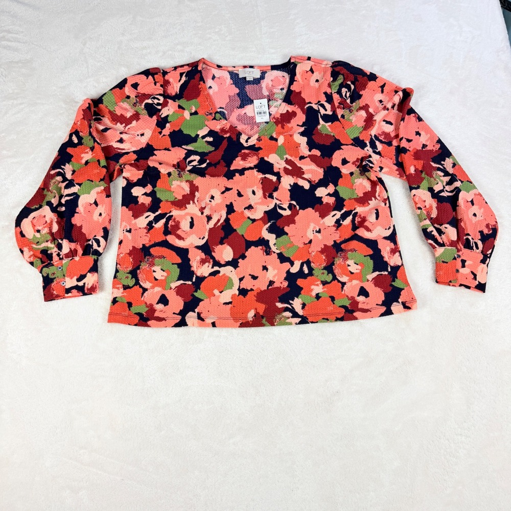 LOFT Outlet Floral Waffle Knit Top Womens XL Coral Navy V Neck Long Sleeve NWT